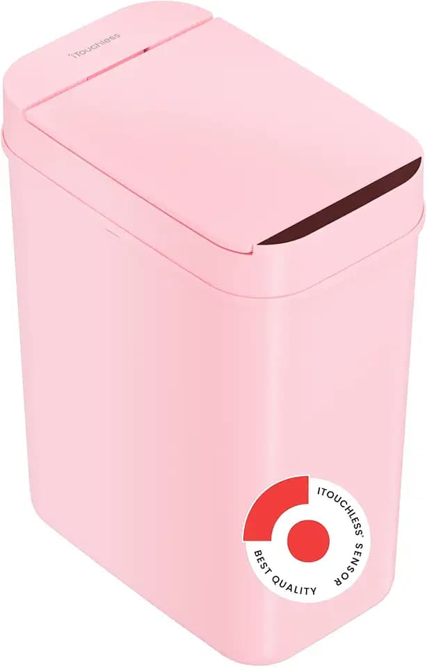 iTouchless 3 Gallon Sensor Bathroom Trash Can, 10 Liter Slim Touchless Automatic Small Garbage Bin with Lid, Narrow Smart Motion Control Commercial Wastebasket for Bedroom, Office, Pink Plastic