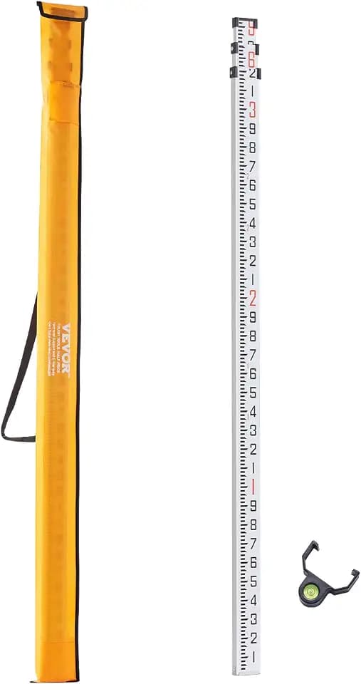 VEVOR Aluminum Grade 9-Feet 3 Sections Telescopic Measuring Rod, Double-Sided Scale 1/10ft Leveling Rod with Bubble Level & Carrying Bag for Houses, Walls, Floors