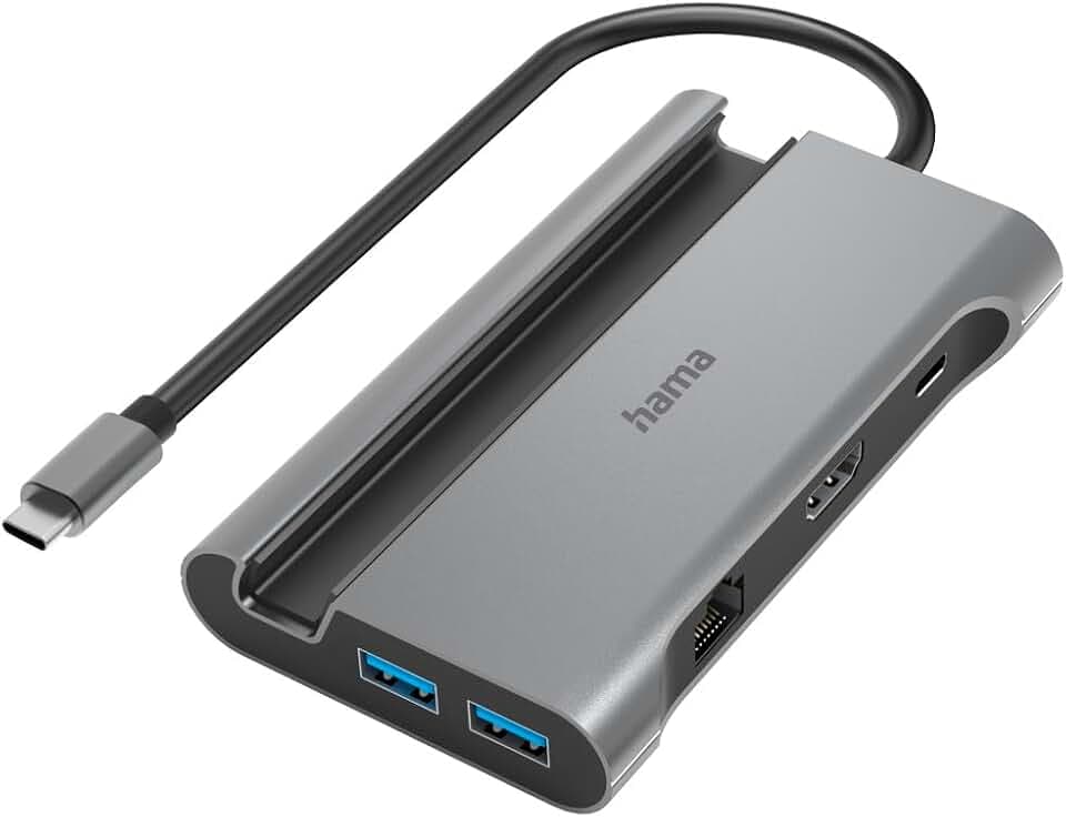 Hama USB C Hub, USB-3.2, 7 Ports (3X USB A, je 1x USB C Daten & Power, HDMI, LAN/Ethernet, für Monitor, Maus, Ladegerät, Festplatte etc, geeignet für Ultra HD, großer Buchsenabstand)
