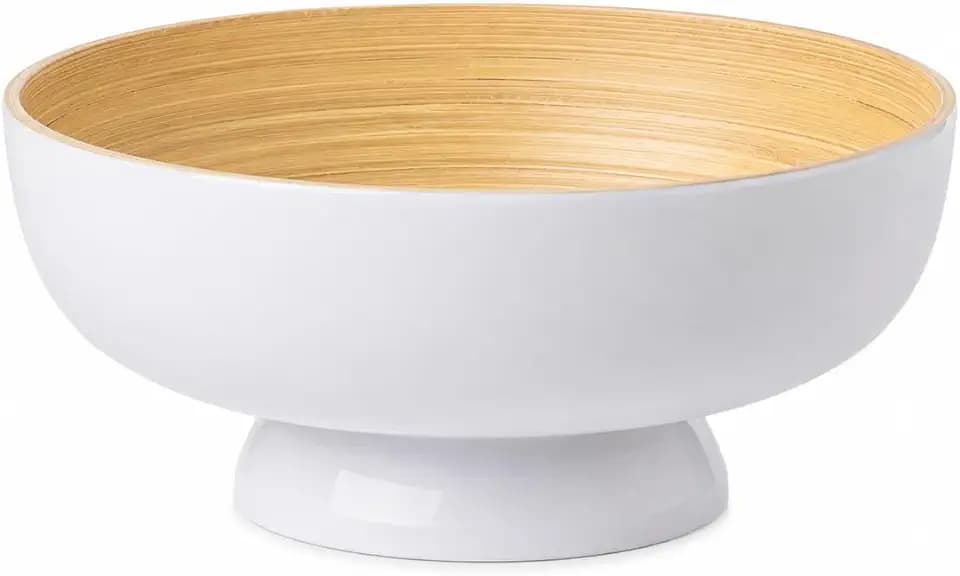 PEMAR 10" Lacquer Bamboo Fruit Bowl for Kitchen Counter, Handmade Large Decorative Pedestal Bowl for Entryway Table Home Decor, Key Bread Candy Snacks Organizer (White Cream)