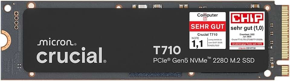 Crucial T710 SSD 2TB M.2 NVMe PCIe 5.0 x4 Gen5, bis zu 14.500 MB/s Lesen, 13.800 MB/s Schreiben, für Laptop und Desktop PC, TLC NAND, Interne Festplatte - CT2000T710SSD8-01