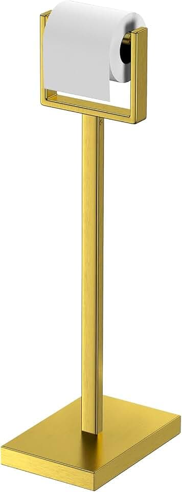 Brass Gold Toilet Paper Holder Stand,Stainless Steel Toilet Paper Holder Free Standing,Stable Weighted Base Floor Tissue Roll Holder for Bathroom,Modern Pivoting Toilet Paper Stand