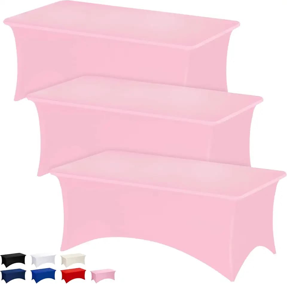 Fixwal 3 Pack 8FT Pink Birthday Tablecloth Spandex Fitted Table Cover