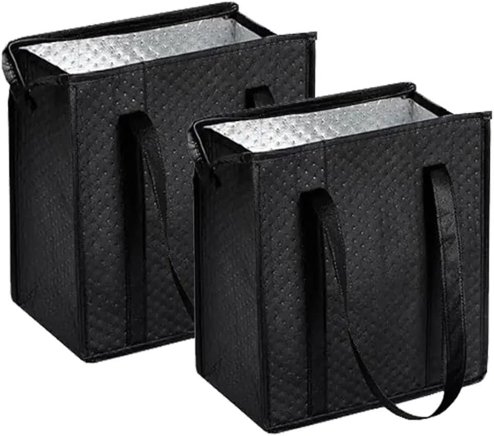 2-Pack 18L Black Insulated Grocery Bags with Zipper