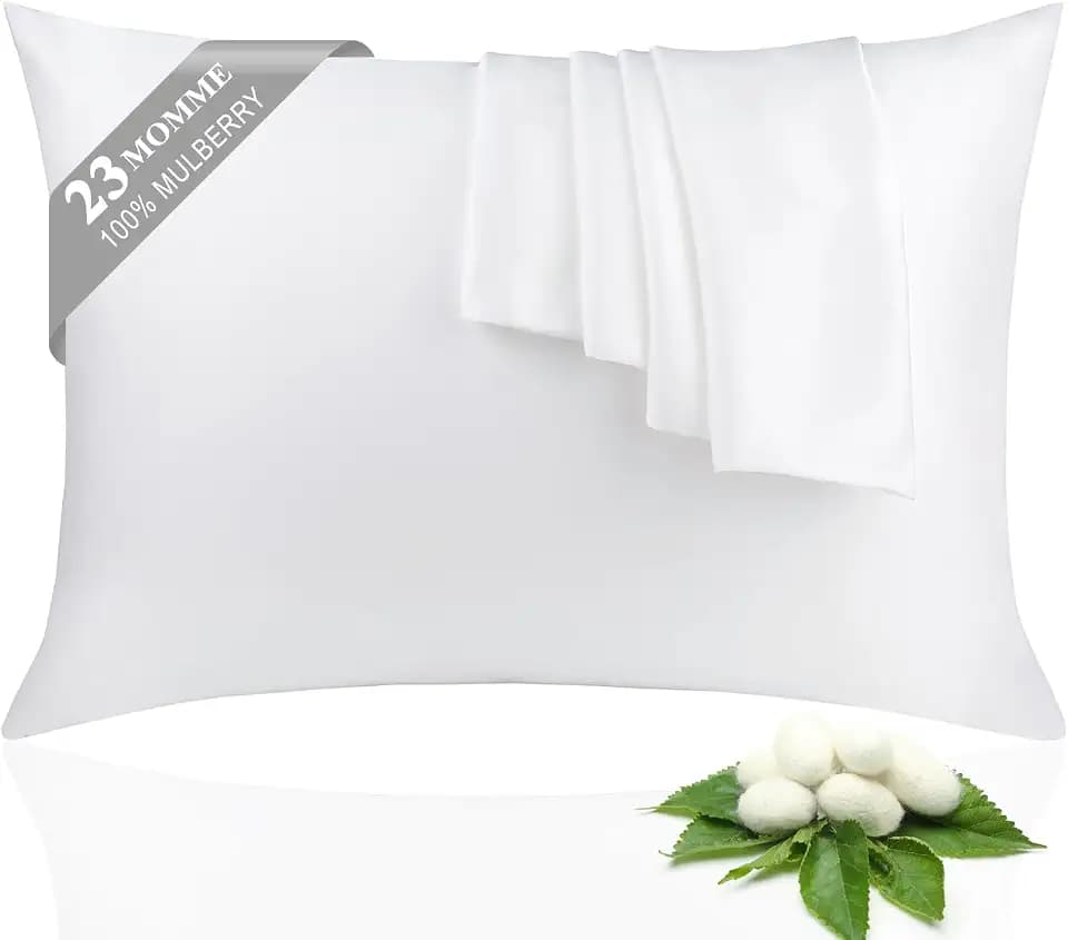 100% Silk Pillowcase 2 Pack for Hair and Skin, Both Sides 23 Momme Grade 6A+ Mulberry Silk Pillowcases with Hidden Zipper, Soft&Smooth Cooling Pillow Cases (White, Queen 20×30)
