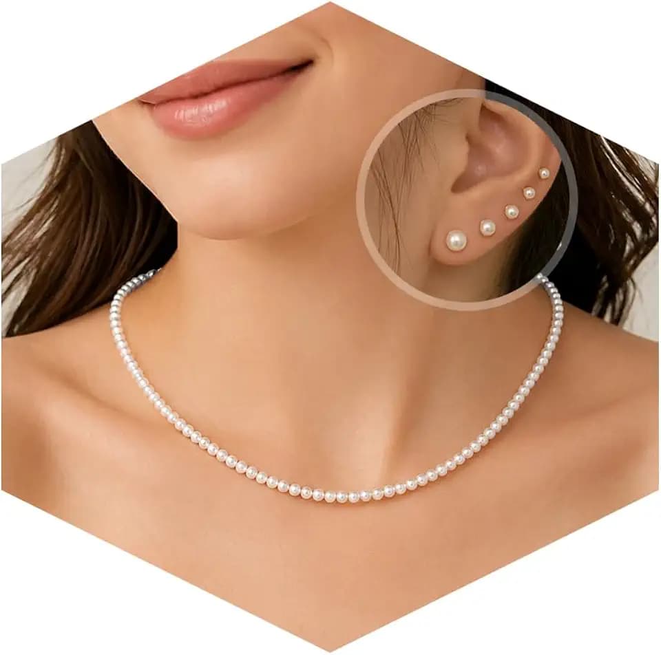 D.Bella Pearl Necklace Stud Earrings Set for Women Dainty Round Imitation Pearl Choker Necklace for Wedding -5Pairs Hypoallergenic Earrings Delicate Jewelry