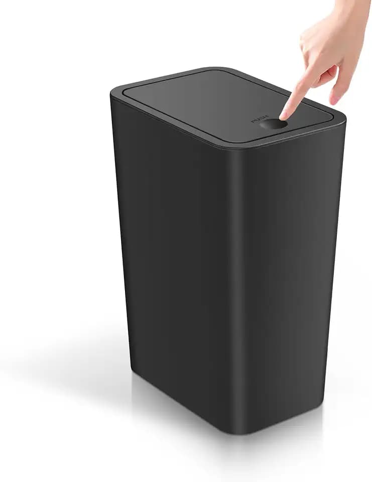 TIPGO Bathroom Trash Can with Lid, 4 Gallon / 15 Liter Small Garbage Can, Press Top Bin, Plastic Wastebasket with Pop-Up Lid for Bedroom, Living Room, Office (Black)