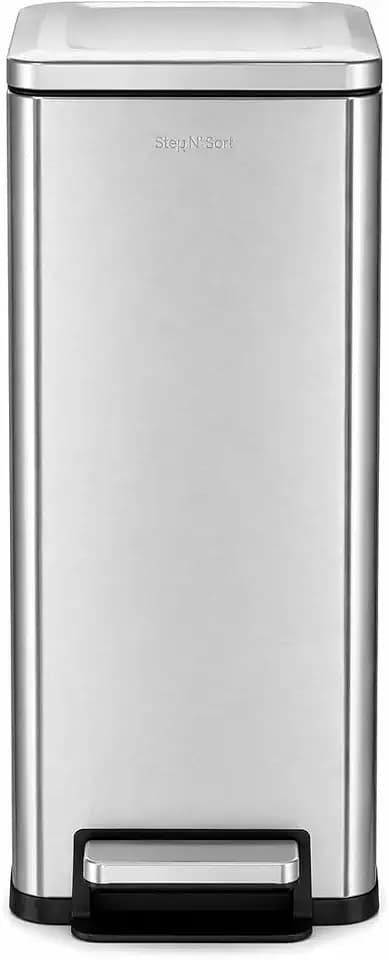 Step N’ Sort Slim Dual Recycling Bin 43L (2 x 21.5L) – Soft Close Kitchen Trash Can – Space Saving Stainless Steel – Removable Buckets