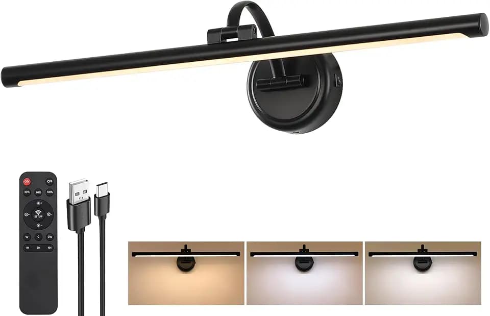 LED Picture Light,Cord-free Picture Frame Light for Wall, 5000mAh Rechargeable Art Lights, Cordless Battery Wall Sconce for Paintings ,Art work,Portraits, Dartboards, Bookshelf(Black, 23.6inch)