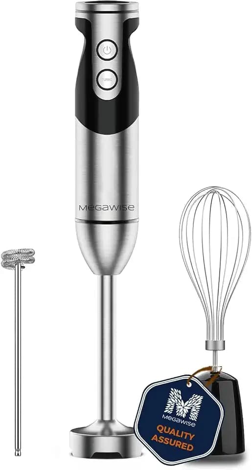 Megawise High-Power Hand Blender – 400W Max Power with Versatile 3-in-1 Attachments (Blending Shaft, Whisk, Chopper); Ergonomic Design with Adjustable Speed Control; Easy to Clean and Maintain (Black)