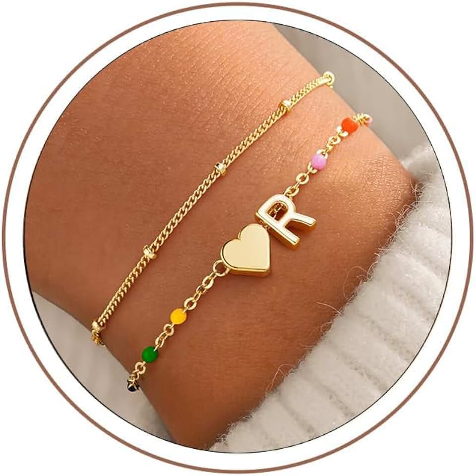 M MOOHAM Colorful Bead Bracelets for Girl Women, Heart Initial A-Z Bracelet