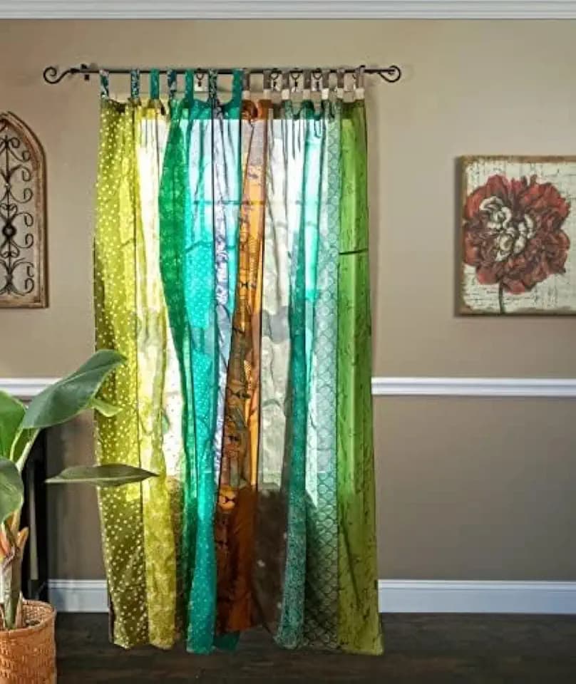 Assorted Vintage Silk Sari Curtain for Doorway, Sheer Bed Canopy, Patchwork Tapestry Window Treatment Curtains (84" x 43") Green