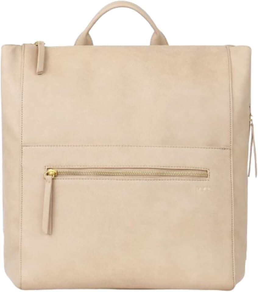 FAWN DESIGN Diaper Bag, Square Faux Leather Diaper Bag Backpack, Adjustable Detachable Straps, 12 Pockets and Laptop Sleeve, Vegan Leather, Large Capacity Baby Bag for Mom, 15 x 12 x 8 inches, Beige