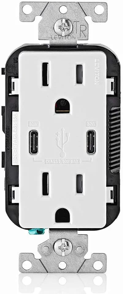 Leviton 30W (6A) USB Dual Type-C/C Power Delivery In-Wall Charger with 15A Tamper-Resistant Outlet, USB Charger for Smartphones, Tablets, Laptops, T5635-W, White