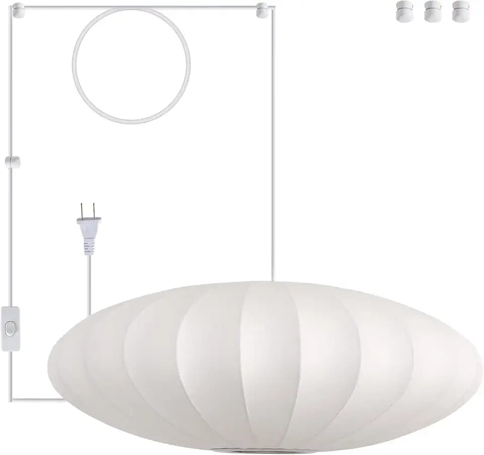 23.6in Plug in Lantern Pendant Light, Large White Imitation Silk Pendant Light Wabi Sabi Saucer Japanese Bubble Hanging Lamp Chandelier for Living Dinning Room Kitchen Island Bedroom 1 Pack