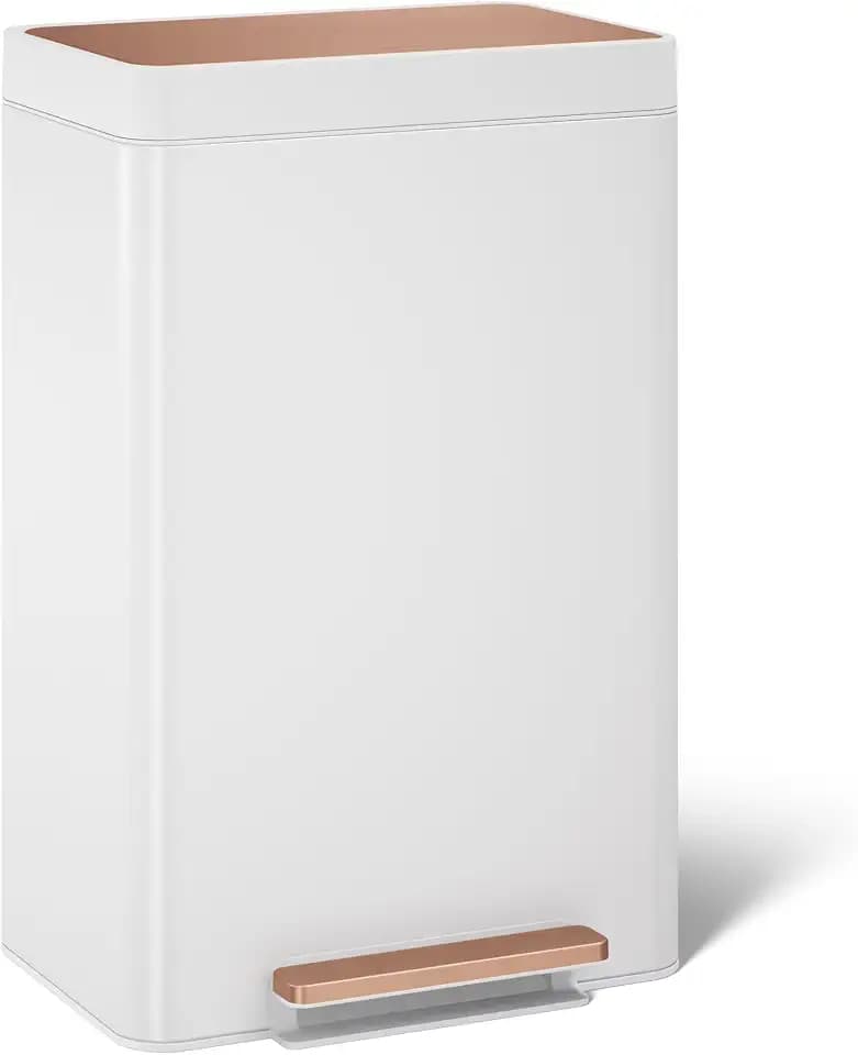 Kohler 13-Gallon Stainless Steel Step Trash Can, White Stainless Steel & Copper, Hands-Free Pedal, Quiet-Close Lid, Fingerprint-Resistant, K-20940-WCP