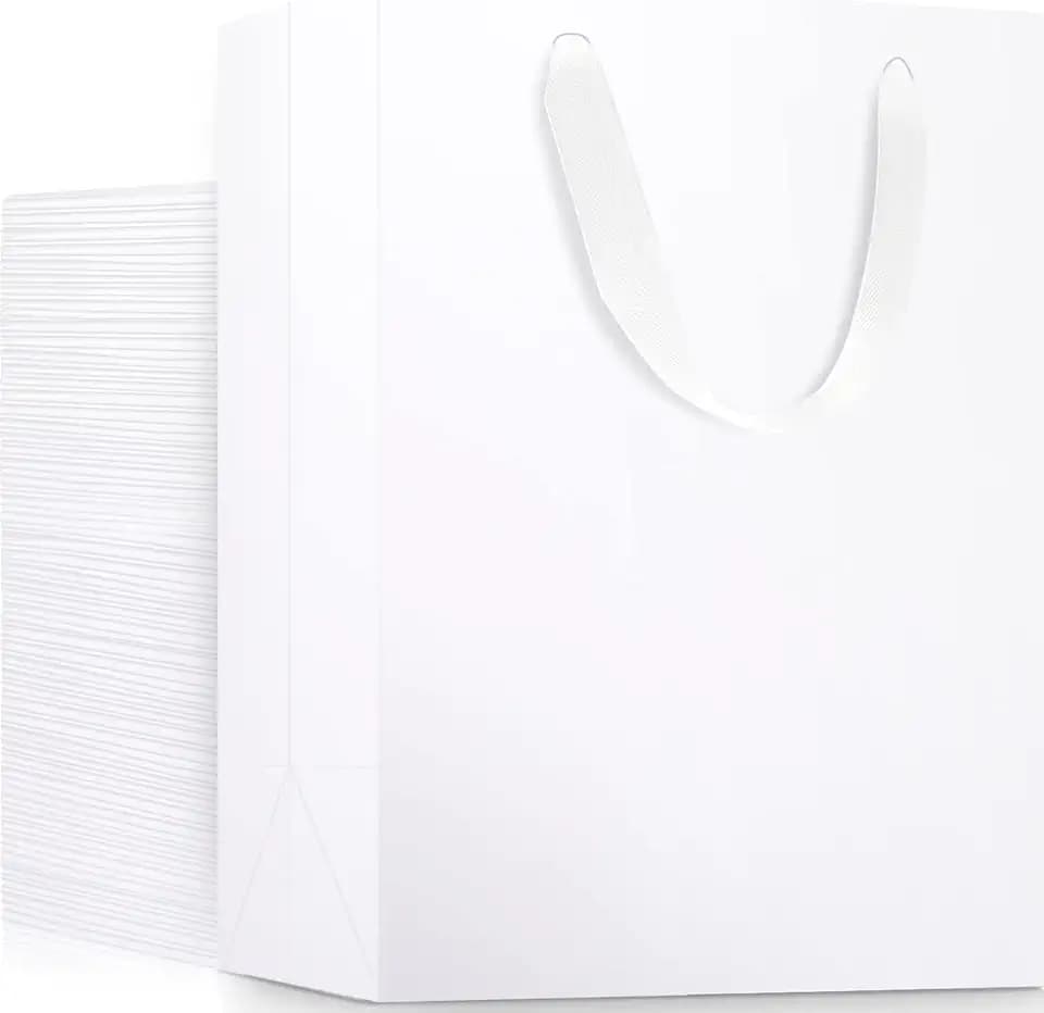 EUSOAR Medium White Gift Wrap Bags, 50 Pack 7.8x3.9x11 inches Shopping Bags with Handles Bulk, Party Favor Wrapping Bags for Wedding, Craft Grocery, Boutique, Merchandise, Retail, Business