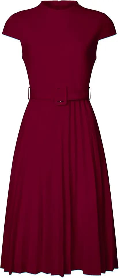 Hobemty Women's Pleated Dress Mock Neck Cap Sleeve Belted A-Line Dresses