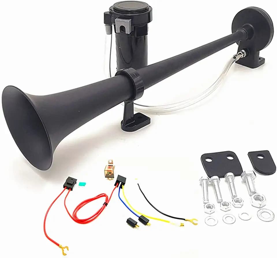 Autohupe car horn sprecher 450mm lautsprecher horn chrom-zink lufthupe schwarz einzeltrompeten-Hupe mit Kompressor-Luftpumpe für alle 12 V Fahrzeuge LKW zug PKW van boot SUV motorrad etc