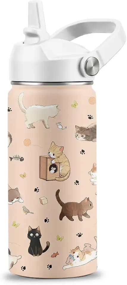 Cat Lover Gifts for Boys Girls, 16 oz Stainless Steel Insulated Water Bottle with Straw Lid, Cats Water Bottle for Cat Lovers, Cute Cat Tumbler for Birthday Christmas (1pcs)