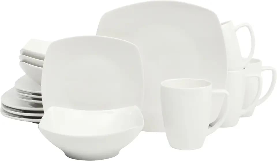 Gibson Home Zen Buffet White Porcelain Dinnerware Set for 4, Square Plates Bowls and Mugs, Chip and Scratch Resistant, Dishwasher and Microwave Safe, 16 Piece