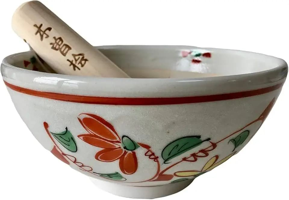 Made in Japan Mino Ware Mortar and Pestle Suribachi and Surikogi Set, 6.1 Inches, Pottery Chrysanthemum Pattern Light Grey (Chrysanthemum 6.1dia)