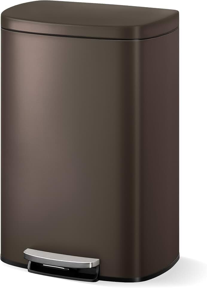 GarveeHome Stainless Steel Kitchen Trash Can, 13 Gal / 50 L Step-On Garbage Bin with Soft Close Lid, Large Rustproof Metal Trash Can for Kitchen, Brown