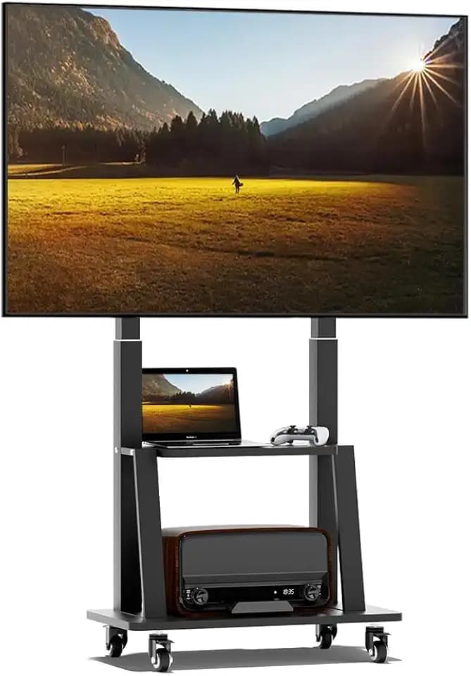 Rollbarer TV-Ständer, Fernsehständer mit Rollen, Tragbarer TV-Wagen auf Rollen für 32-75-Zoll-Fernseher, mobiler TV-Ständer mit Ablage, höhenverstellbar, trägt bis zu 130 lbs, Vesa 600×400