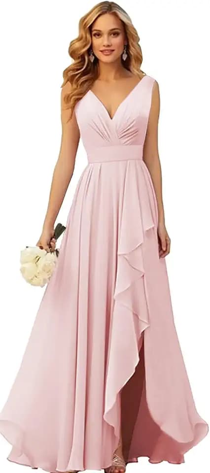 Chiffon Bridesmaid Dresses Long V Neck Ruffle Pleated Formal Evening Dress with Slit