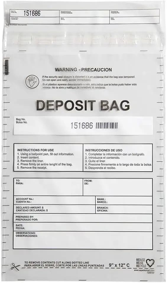 Clear Plastic Deposit Bags 9"x12" | Secure Bank Deposits, Cash Handling or Safe Currency Transportation | Sequential Barcodes | Tamper-Evident | Tear-Off Receipt for Security | 100-Pack