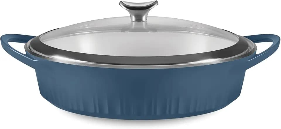CorningWare QuickHeat 4-QT Cast Aluminum Braiser With Lid, Nonstick Ceramic Interior, Lightweight and Fast Even Heat Baking & Cooking, For Meats, Soup, Browning, Searing, French Navy