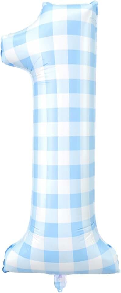 Jenaai 40 Inch Gingham 1st Balloon Large Number 1 Plaid Balloons, Blue