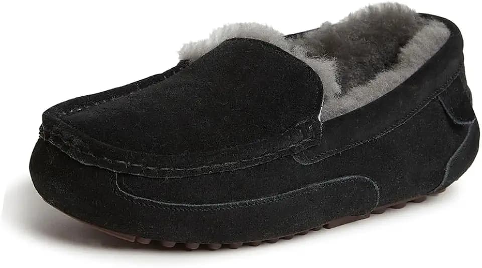 Fireside By Dearfoams Men's Melbourne Genuine Shearling Moccasin Slippers, Memory Foam Sudede Loafers Slip-in House Shoes