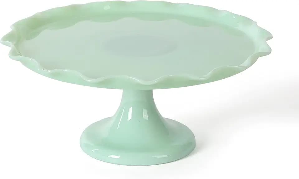 Martha Stewart Highbrook 11" Jadeite Glass Cake Stand fits 9" Cake – Handmade Vintage-Style Dessert Stand with Ruffle Trim, Decorative Pedestal Cake Plate for Display & Serving