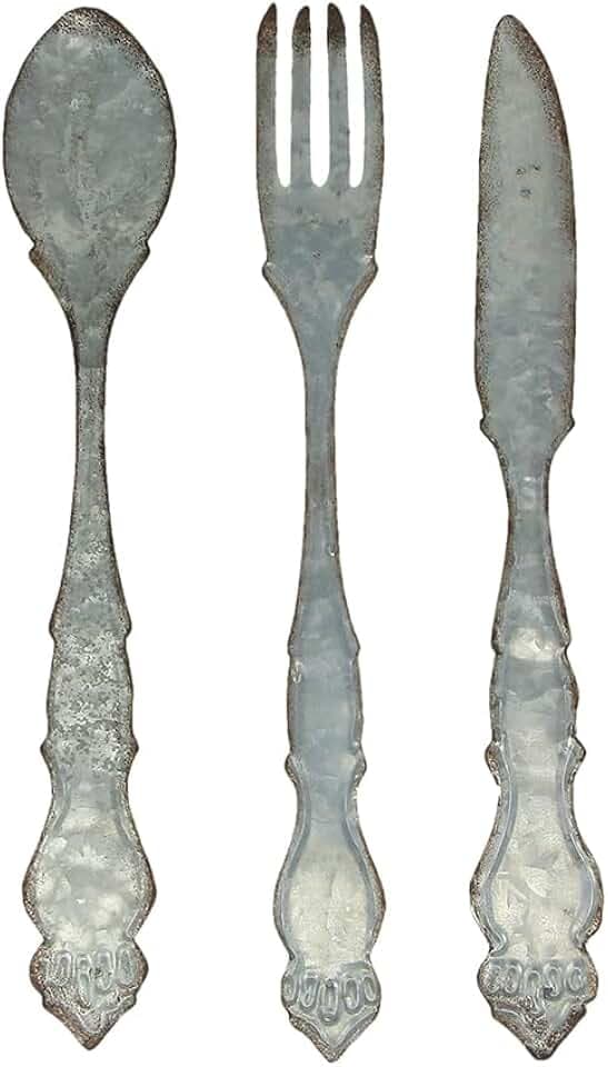 Zeckos Set of 3 Fork Spoon Knife Wall Decor, 21 Inch Galvanized Metal