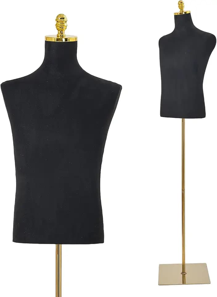Male Mannequin Torso, Non-Pinnable Plastic Dress Form with Velvet Suede Cover, Pin-Friendly for Light Use, Height Adjustable with Gold Stand, for Men’s Clothing Display, Boutique, Tailoring