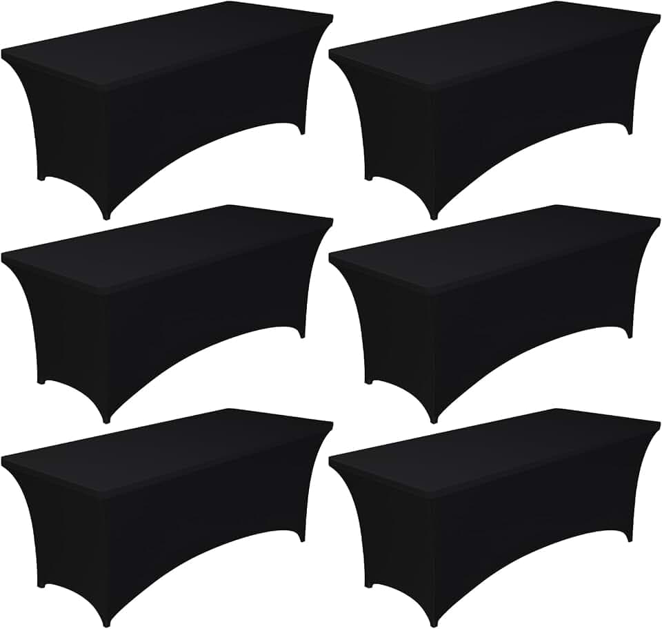 Pureegg Spandex Tablecloth 6ft - 6 Pack, Fitted and Stretch Table Cover for Rectangle Tables, Wrinkle-Resistant and Secure Fabric for Outdoor, Picnic, Party, Wedding, Banquet and Birthday, Black