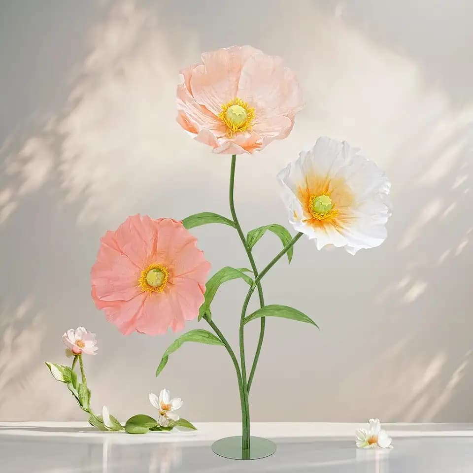 Artificial Giant Flowers for Decoration with Stand - 5.6 Ft 3D Large Paper Fake Flowers Wedding Floral Graduation Decor for Party Birthday Home Garden Outdoors Backdrop (Set of 3)