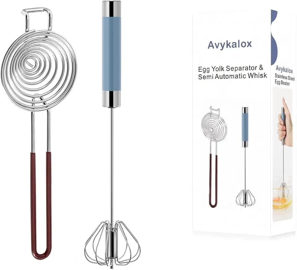 Egg Yolk Separator & Semi Automatic Whisk, Stainless Steel Mini Hand Push Whisk, Hand Mixer Egg Beater Wisking Tool & Egg Separator for Raw Eggs Set, for Cooking, Baking