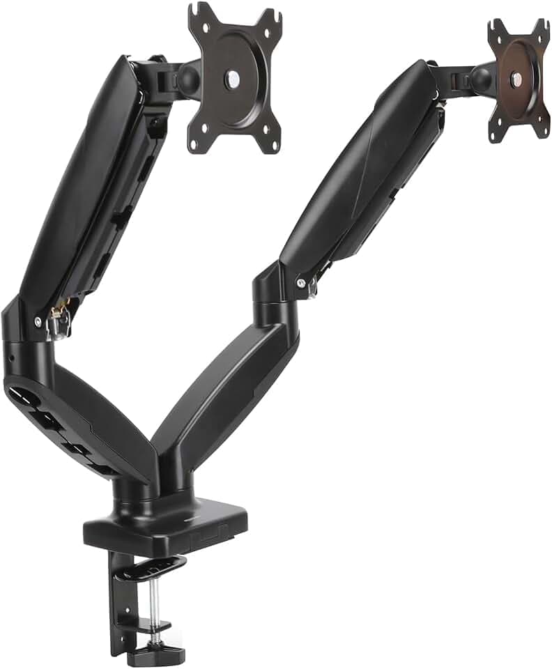 Amazon Basics Dual-Monitorarm mit Gasdruckfeder, Schreibtischmontage, Einstellbare Spannung, für 15–27 Zoll (38,1cm–68,6cm) Monitore, Trägt 2,0kg–7,0 kg pro Arm, VESA 75x75/100x100, Schwarz
