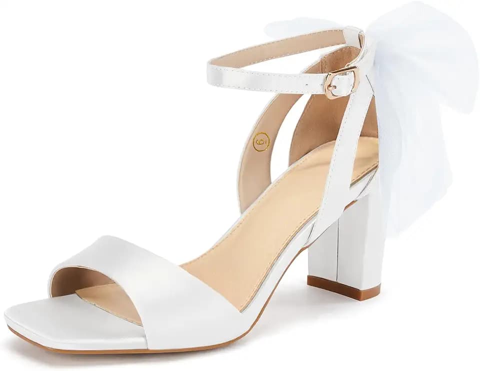 Coutgo Women's Bow Tie Heeled Sandals Chunky Heels One Strap Satin Ankle Buckle Dress Wedding Shoes