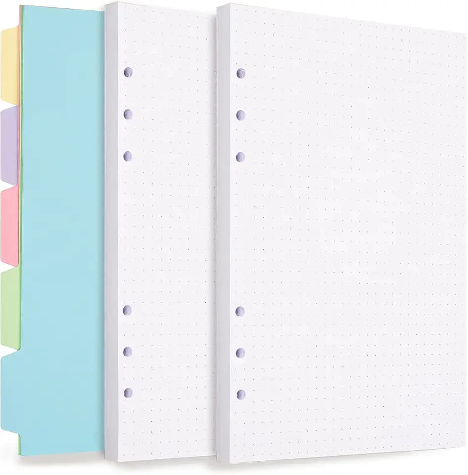 A5 Refill Paper, 6 Ring Dotted Paper with Binder Dividers, 240 Pages, White