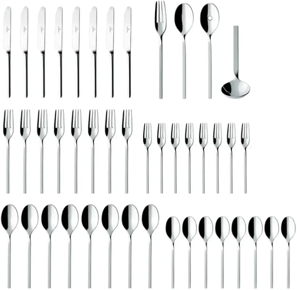 Villeroy & Boch NewWave Collection 64 Piece Flatware Set, Sleek, Tapered, Modern Design, 18/10 Stainless Steel, Service for 12, 4 Piece Serveware Set Included