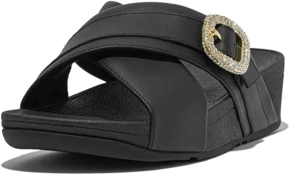 FitFlop Lulu Crystal-Buckle Leather Cross Slides
