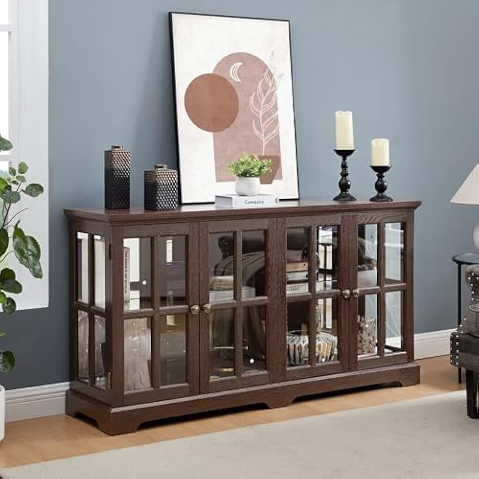KEIKI Curio Cabinet, Lighted Glass Display Cabinet w/ 4 Glass Doors & Adjustable Shelves, Lighted Showcase with Light Strip, TV Stand, Cherry