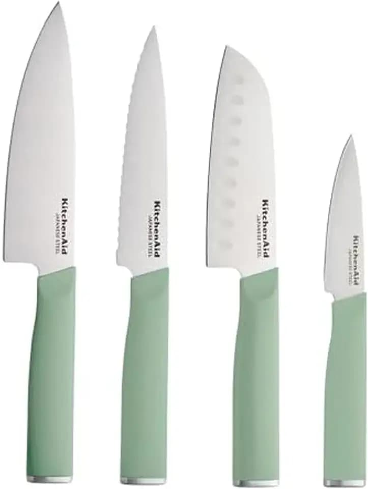KitchenAid Chef Set with Custom Fit Covers, Sharp Kitchen Knife, Japanese Stainless Steel Blade, 4 Piece, Pistachio