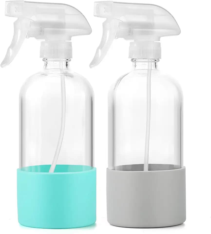 Glass Spray Bottles (2-Pack) with Silicone Sleeve - 16oz Empty Refillable Bottles - Adjustable Nozzle for Hair, Plants, Cleaning & DIY Solutions - Mint Green & Grey
