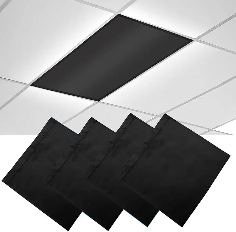 4 Pcs Fluorescent Light Covers, 4 x 2 Feet Magnetic Light Covers for Ceiling Lights Shade Panel, Drop Ceiling Light Filters Covers for Office Classroom School Home, Polyester Fabric Material, Black