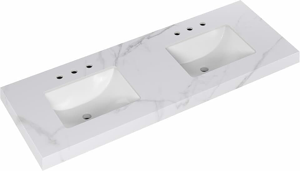 Furinno Vato Double Bathroom Vanity Top, 61W x 22D x 2.5H Porcelain Double Vanity Sink Surface, with Pre-drilled Holes for Faucets, Carrara White