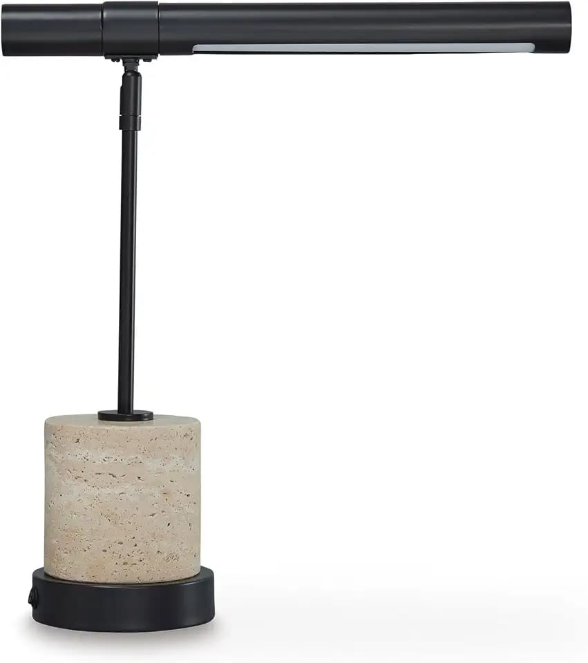 Signature Design by Ashley Vinmour Desk Lamp with USB-C Port, Adjustable Height Metal Task Light, Beige Travertine Stone Base, Contemporary Lighting for Home Office Workspaces, Brown/Beige